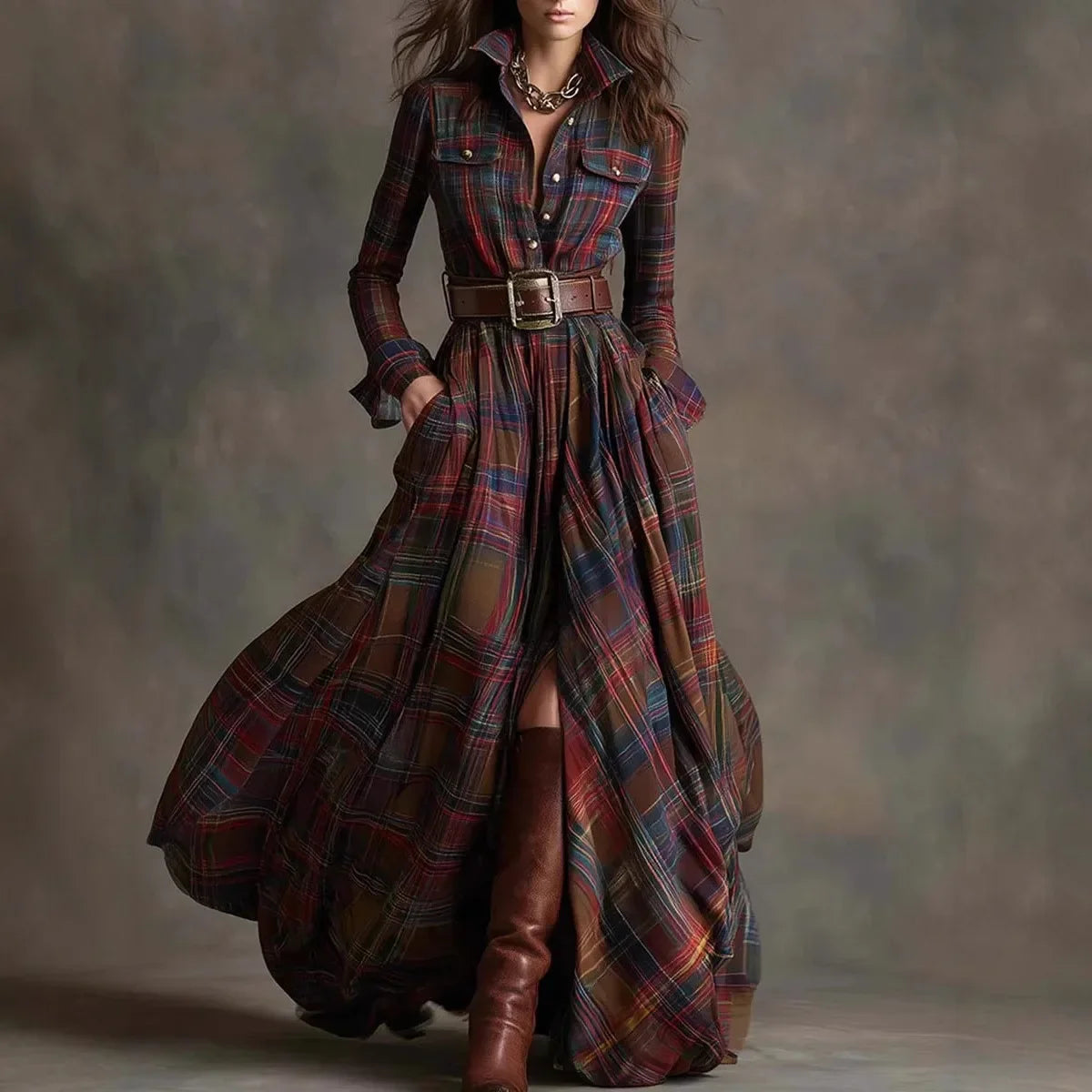 Women’s Plaid Maxi Shirt Dress – Autumn Casual Long Sleeve Button Pocket Lapel Retro Dress