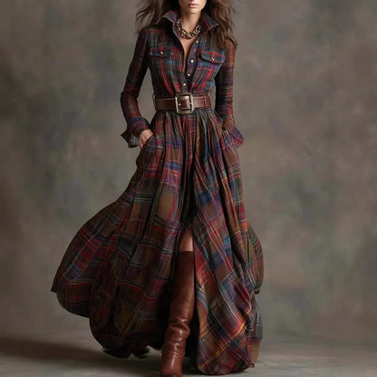 Women’s Plaid Maxi Shirt Dress – Autumn Casual Long Sleeve Button Pocket Lapel Retro Dress