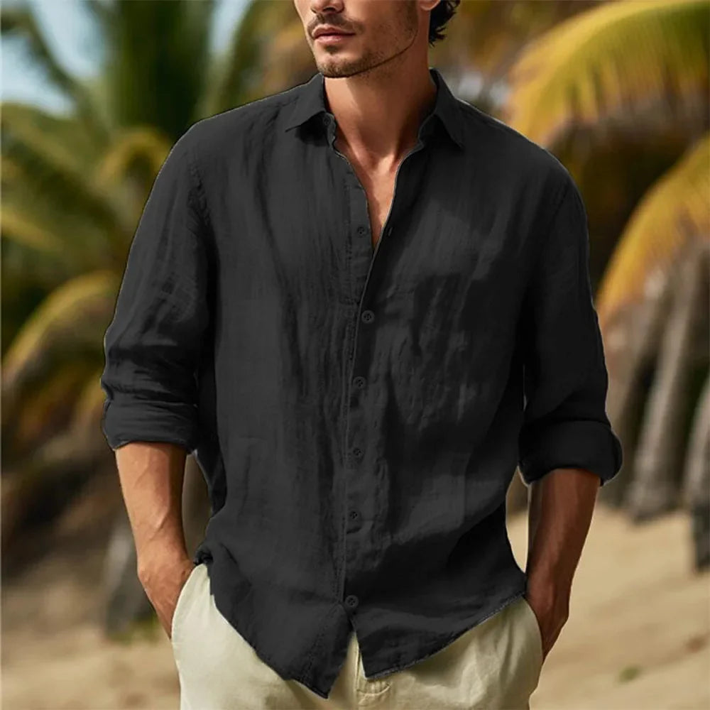 Men’s Cotton Linen Hawaiian Shirt - Lightweight Breathable Turn-Down Collar Casual White Streetwear Top