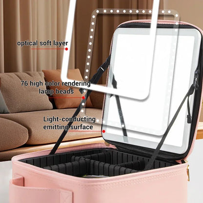 LED Lighted Cosmetic Case with Mirror - PU Leather Portable Travel Makeup Bag - Waterproof Makeup Storage