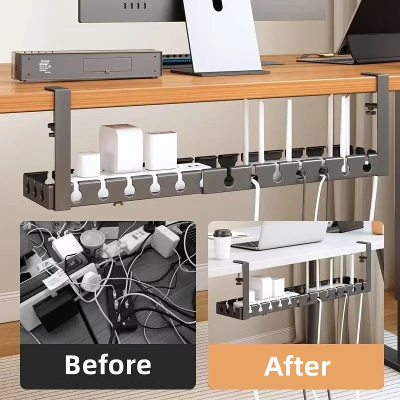 Under Desk Storage Rack – No Drill Metal Cable Management Tray, Retractable Power Strip & Wire Organizer for Home Office Desk Setup