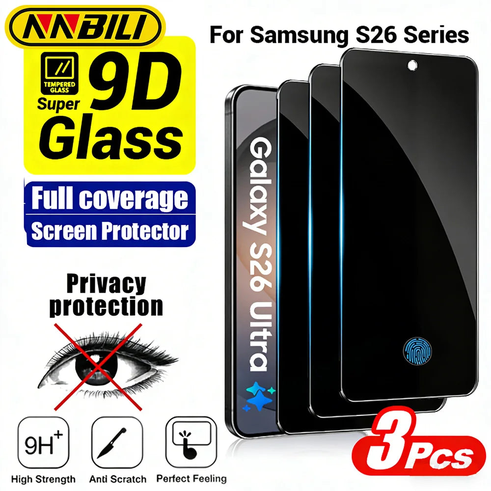 NNBILI Tempered Glass Screen Protector - 3 Pack Full Coverage Privacy Protection with Fingerprint Unlock for Samsung Galaxy S26 Series