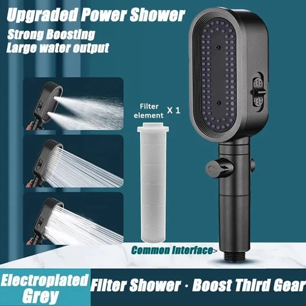 New High Pressure Shower Head Set – 3 Modes Adjustable Spray with Massage Brush, Filter & Rain Shower Hose for Bathroom