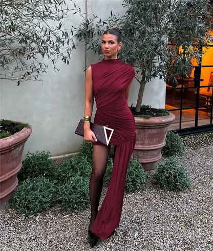 Balitops Summer Draped Ruched Mini Dress – 2025 Irregular High Waist Slim Fit Elegant Club Tank Dress for Women