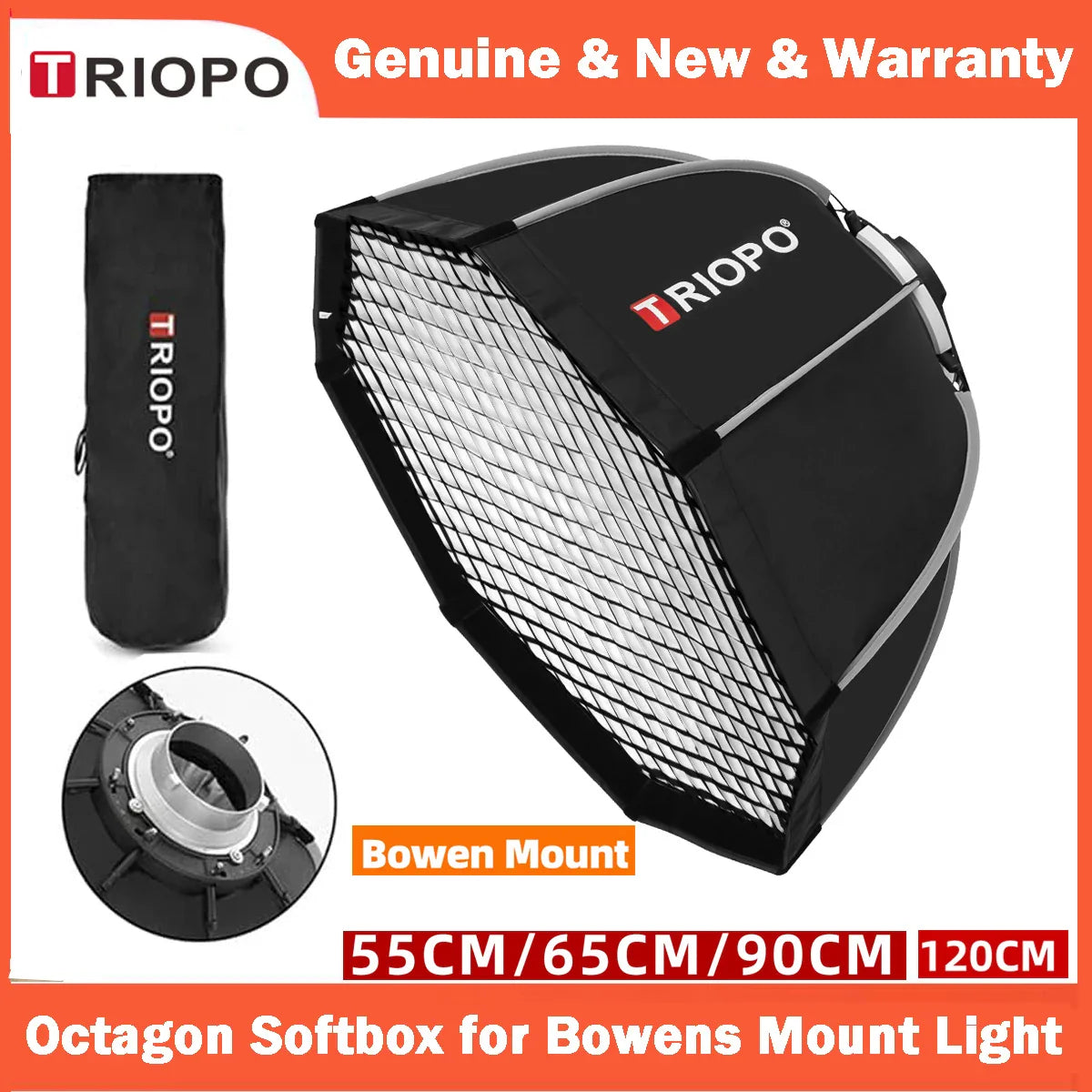 TRIOPO Foldable Octagon Softbox – 55cm, 65cm, 90cm, 120cm Bowens Mount for Sokani X100, COLBOR CL60, Godox & Aputure LED Video Lights