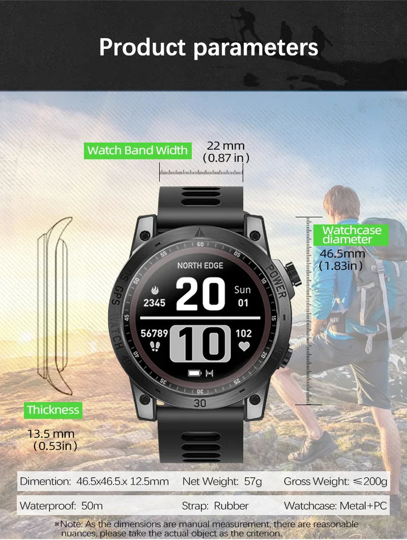 NORTH EDGE 2025 GPS Smartwatch — Men's Sport Watch with HD AMOLED, Altimeter, Barometer & Compass, 50M Water-Resistant