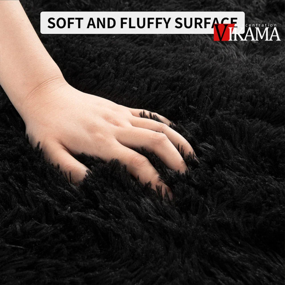 VIKAMA Black Plush Shag Area Rug – Soft Fluffy Furry Carpet for Bedroom, Living Room & Bedside