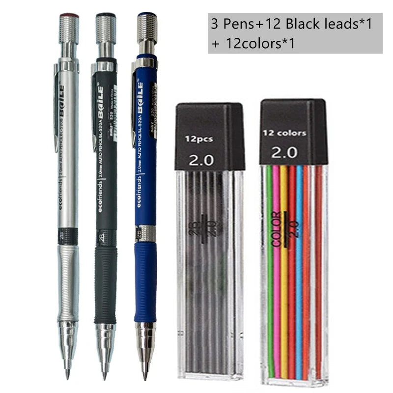 2.0mm Mechanical Pencil Set with 2B Black & Color Lead Refills – Automatic Pencil for Sketching, Drawing & Writing