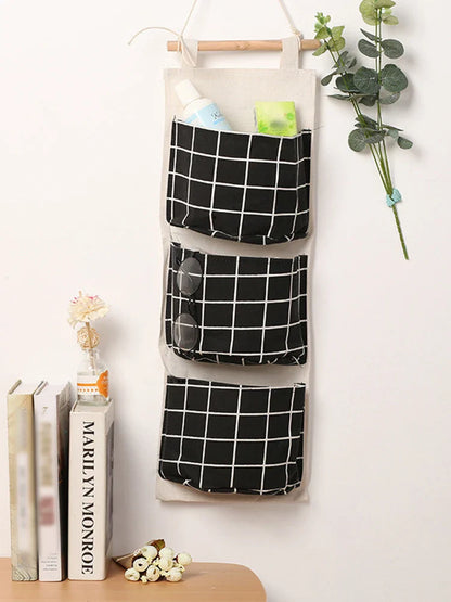 Three-Pocket Hanging Wall Storage Bag – Cotton Linen Organizer for Bedroom, Living Room & Kitchen
