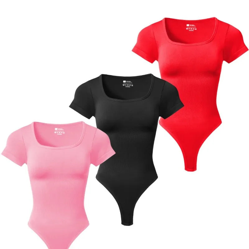 Women’s Plus Size Yoga Jumpsuit – Seamless Square Neck, High Elastic Solid Ribbed Workout & Running Sport T-Shirt Jumpsuit