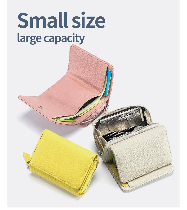 Genuine Leather Women’s Wallet — Small Zipper Coin Purse, Short Cowhide RFID Card & Money Holder, Perfect Gift for Women