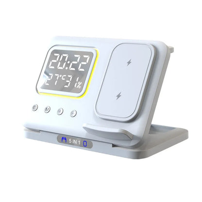 5-in-1 Foldable Wireless Charger Station - LED Digital Alarm Clock Fast Charging Dock for iPhone 15/14 & iWatch 8