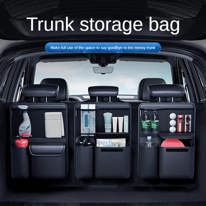 Car Trunk Leather Storage Bag – Foldable Seat Back Tools Organizer, UV-Protected Multifunctional Hanging Organizer for SUVs