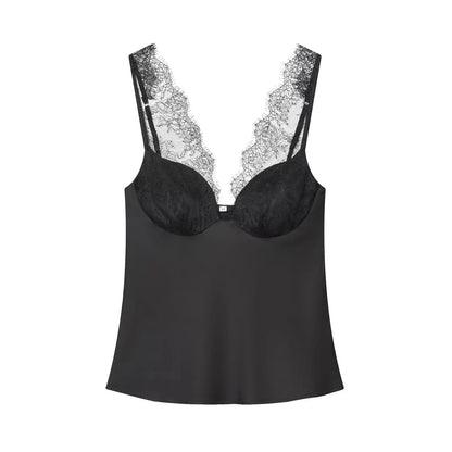TFMLN Women’s Lace Splice Sleeveless Top – Deep V Neck Sexy Sling Elegant Chic Street Casual Fashion Outfit