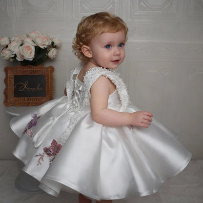 Girls White Princess Flower Tutu Dress - Embroidered Sleeveless Birthday Party Dress