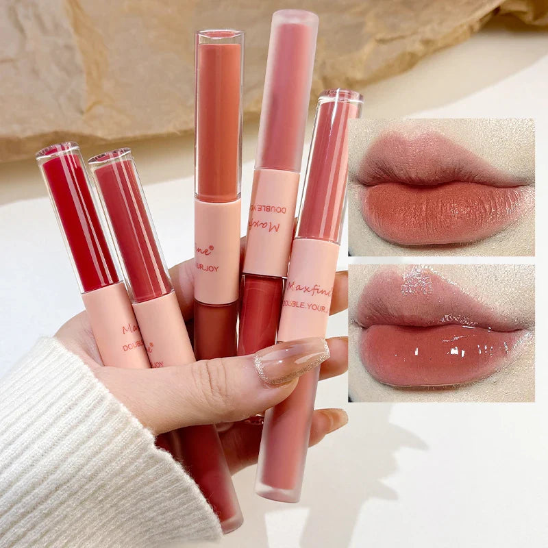 Double-End Lip Glaze – Glossy Mirror & Matte Velvet, Long-Lasting Color & Moisture, Anti-Stain Lip Gloss Cosmetic
