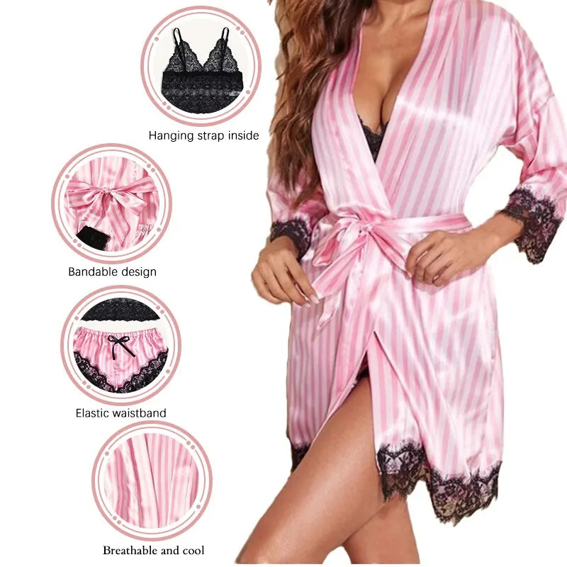 Stylish Women's Summer Lace Satin Sleepwear Set - Comfortable Pajama Pants and Silk Robe for a Sexy and Cozy Night