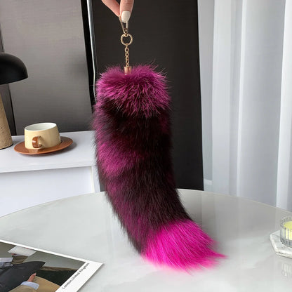 Natural Fox Fur Tail Keychain – 40cm Furry Racoon Bag Charm & Fluffy Keyring Accessory for Women