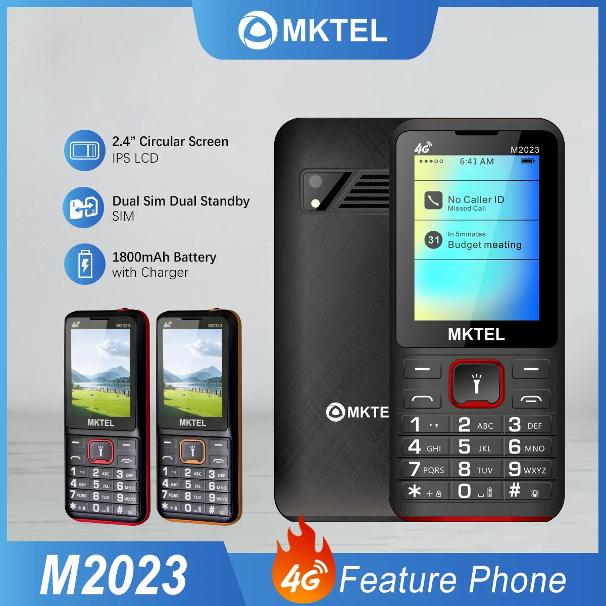 MKTEL M2023 4G Feature Phone – 2.4" Screen, Dual SIM, 1800mAh Battery, MP3/MP4/FM Radio, Puguang Lamp