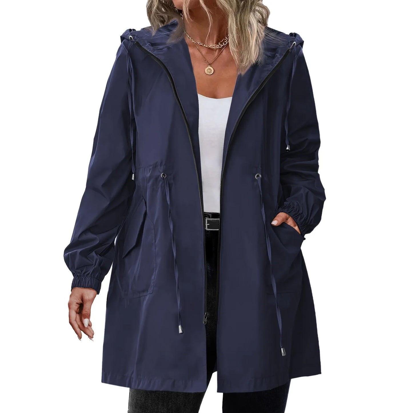 Women’s Hooded Trench Coat - Long Sleeve Mid-Length Windbreaker for Spring & Autumn