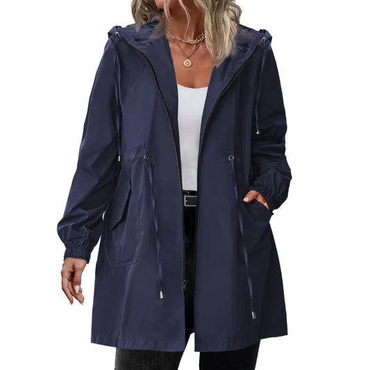 Women’s Hooded Trench Coat - Long Sleeve Mid-Length Windbreaker for Spring & Autumn