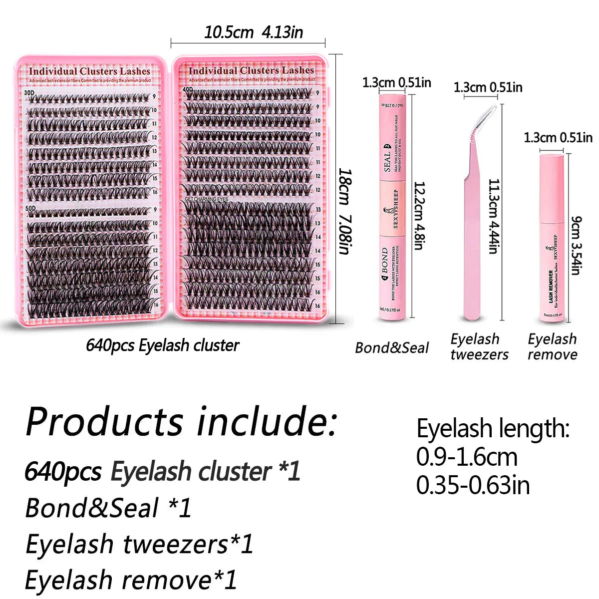 Eyelash Extension Kit – 640pcs DIY Lash Clusters (9-16mm), Mix Curl, with Tweezers, Glue & Remover