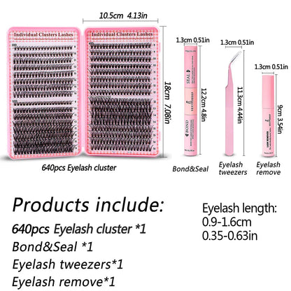 Eyelash Extension Kit – 640pcs DIY Lash Clusters (9-16mm), Mix Curl, with Tweezers, Glue & Remover