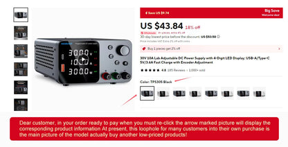 30V 10A Adjustable DC Lab Power Supply – 4-Digit LED Display, USB-A/Type-C 5V/3.6A Fast Charge with Encoder Control