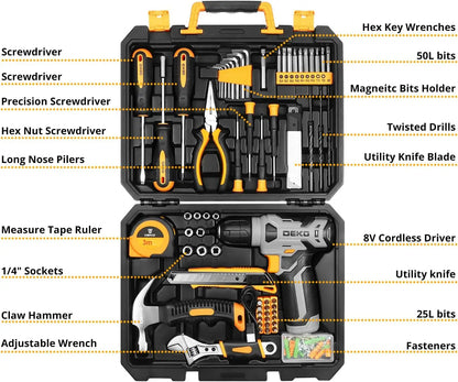 DEKO 126-Piece Power Tool Combo Kit – 8V Cordless Drill with 10MM Keyless Chuck, Professional Home Tool Set