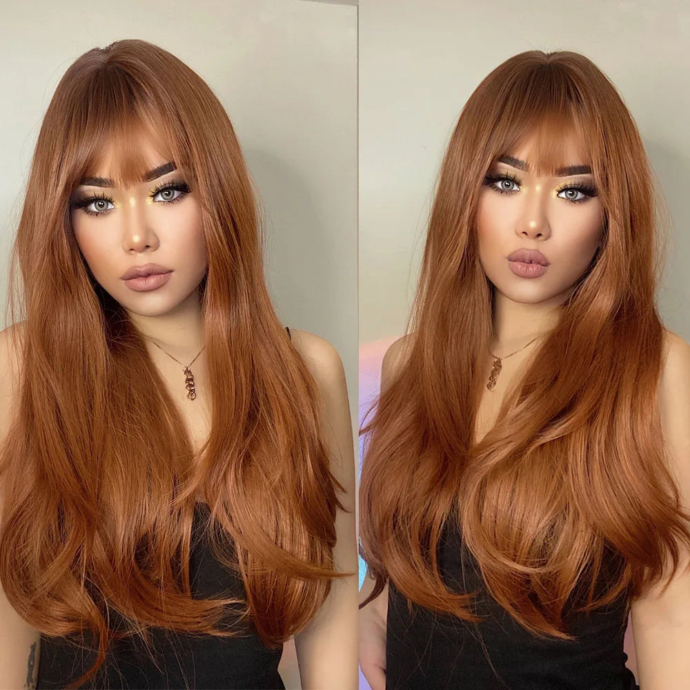 Ombre Honey Brown Long Synthetic Wig with Bangs — Wavy, Realistic, Soft, Heat-Resistant Hair for Daily & Party