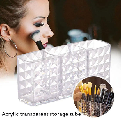 3-Slot Acrylic Makeup Organizer - Transparent Cosmetic Brush, Lipstick & Pencil Holder