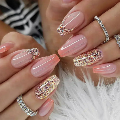 24PCS Short Square Coffin False Nails – French Glitter Acrylic Press-On Nail Tips with Glue, Wearable Fake Nails Set