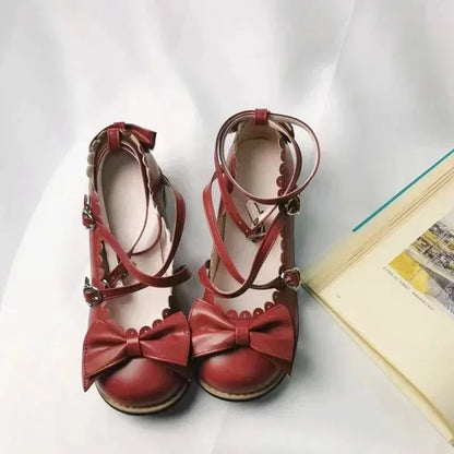 HoneyCherry Lolita Princess Shoes – Women’s Cute Flats with Bow, Cross Straps & Low Round Design