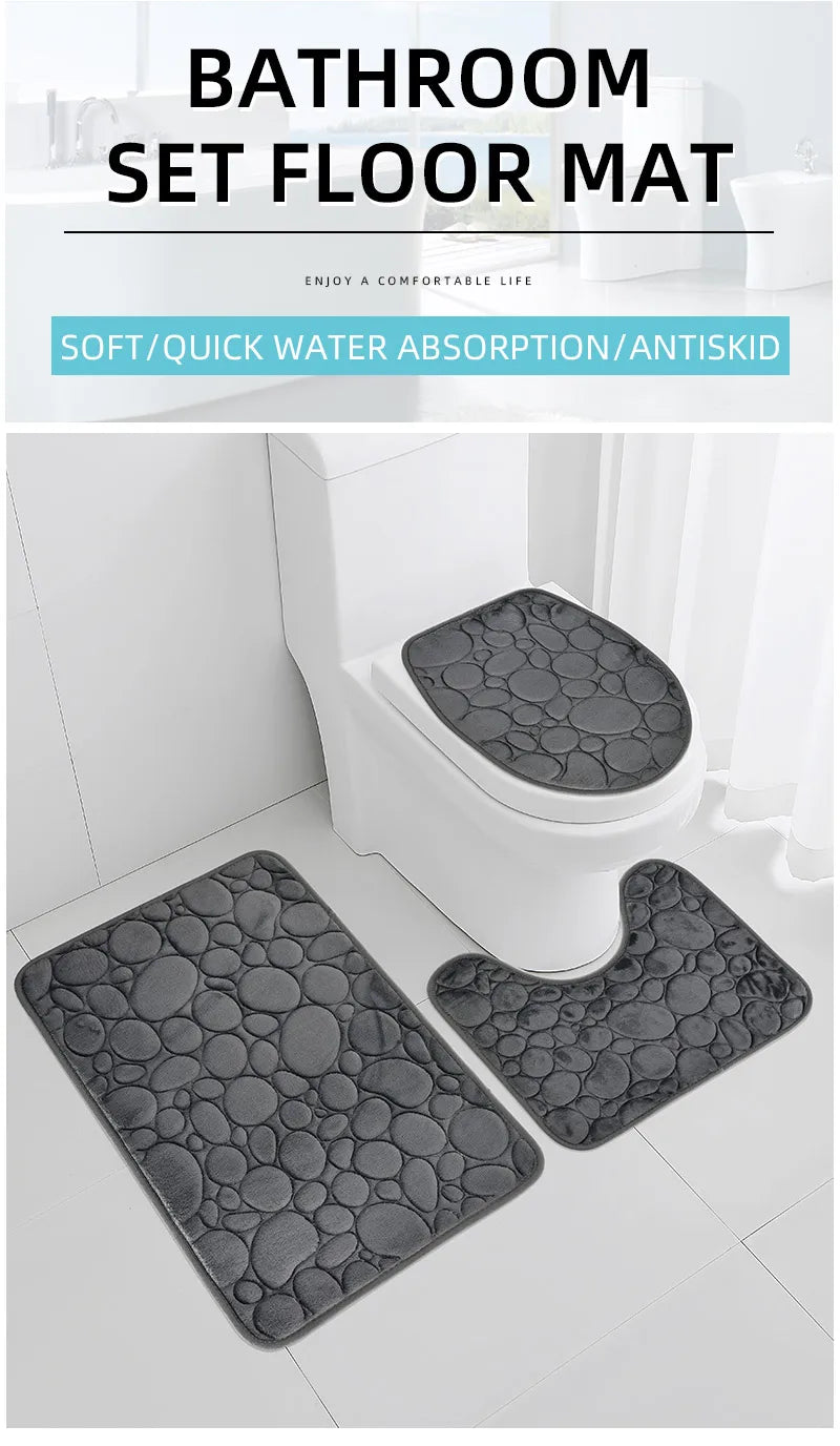 Solid Color Simple Bathroom Mat Set - Water-Absorbing, Non-Slip Stone Pattern, Comfortable & Soft (3PC)