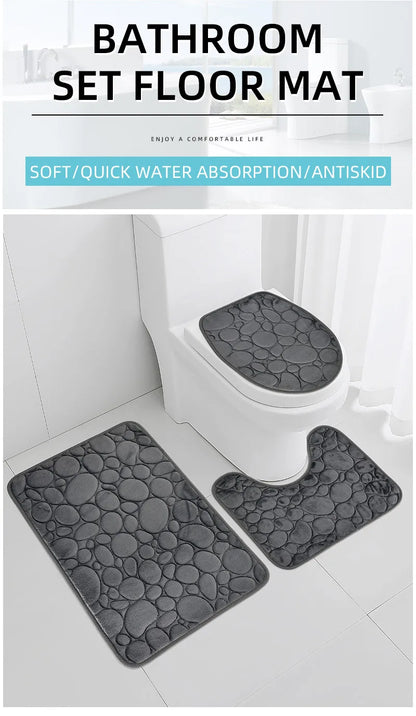 Solid Color Simple Bathroom Mat Set - Water-Absorbing, Non-Slip Stone Pattern, Comfortable & Soft (3PC)