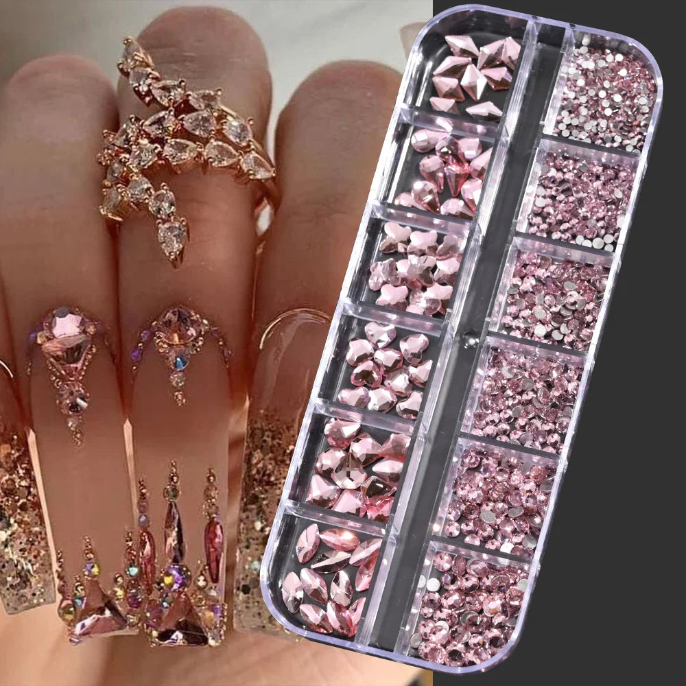 12-Grid 3D Glass AB Crystal Nail Art Rhinestones Kit – Flatback Round Beads with Tools for Nail Jewelry & Diamond Decoration