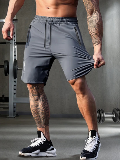 Men’s Solid Color Casual Shorts – Elastic Waist with Drawstring and Zipper Pockets, Loose Fit High Elasticity