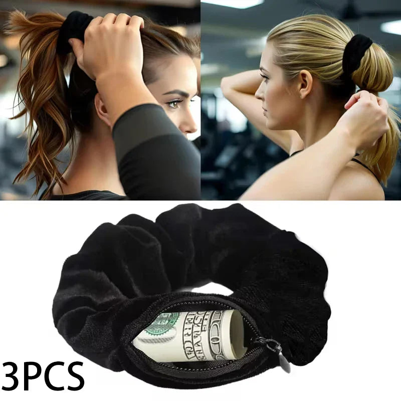 Velvet Scrunchie with Hidden Pocket – Zippered Elastic Hair Tie & Headband, Stylish Ponytail Holder with Secret Storage Accessory for Women & Girls