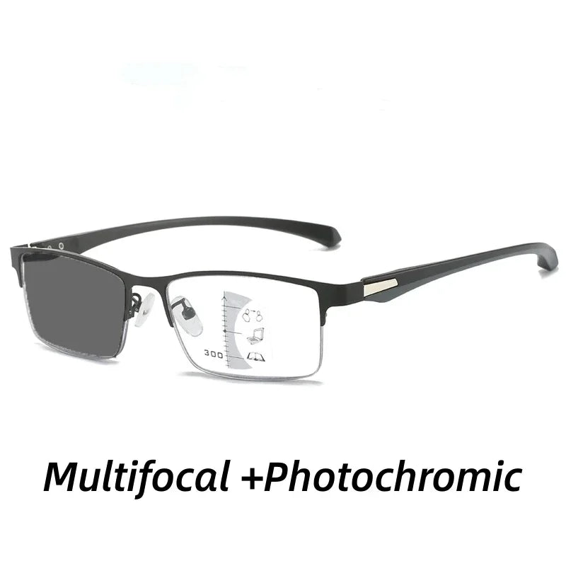 Progressive Multifocal Photochromic Reading Glasses – Anti-Blue Light Half Frame for Men with Presbyopia & Far Sight Protection