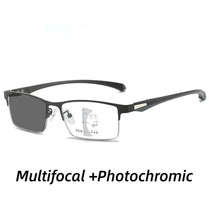 Progressive Multifocal Photochromic Reading Glasses – Anti-Blue Light Half Frame for Men with Presbyopia & Far Sight Protection