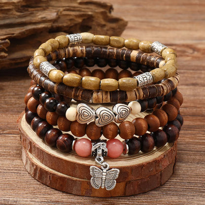 Ethnic 4-5pc Wood Bead Bracelets Set – Tree, Cactus, Hamsa Hand, Butterfly Charms – Bohemian Style for Men and Women – Trendy Female Jewelry