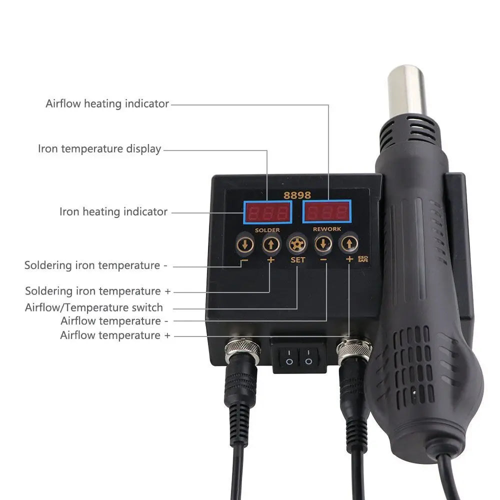 2-in-1 Soldering Station | Digital Temperature Adjustable SMD Solder Iron & Hot Air Heat Gun for PCB & IC Repair