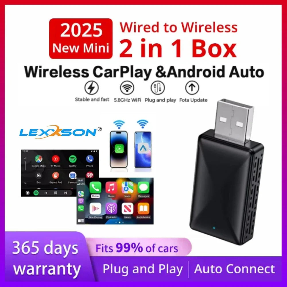 2025 CarPlay Wireless Adapter – 2 in 1 Android Auto Smart Dongle, 5G WiFi for iPhone & Android, Compatible with Volvo, Benz, MG, Kia, Chery, VW