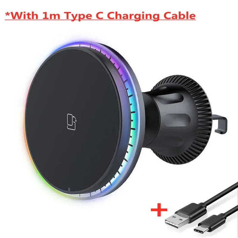 30W RGB Magnetic Car Wireless Charger – Fast Charging Stand Mount for iPhone 12-15 Pro Max, MagSafe Compatible