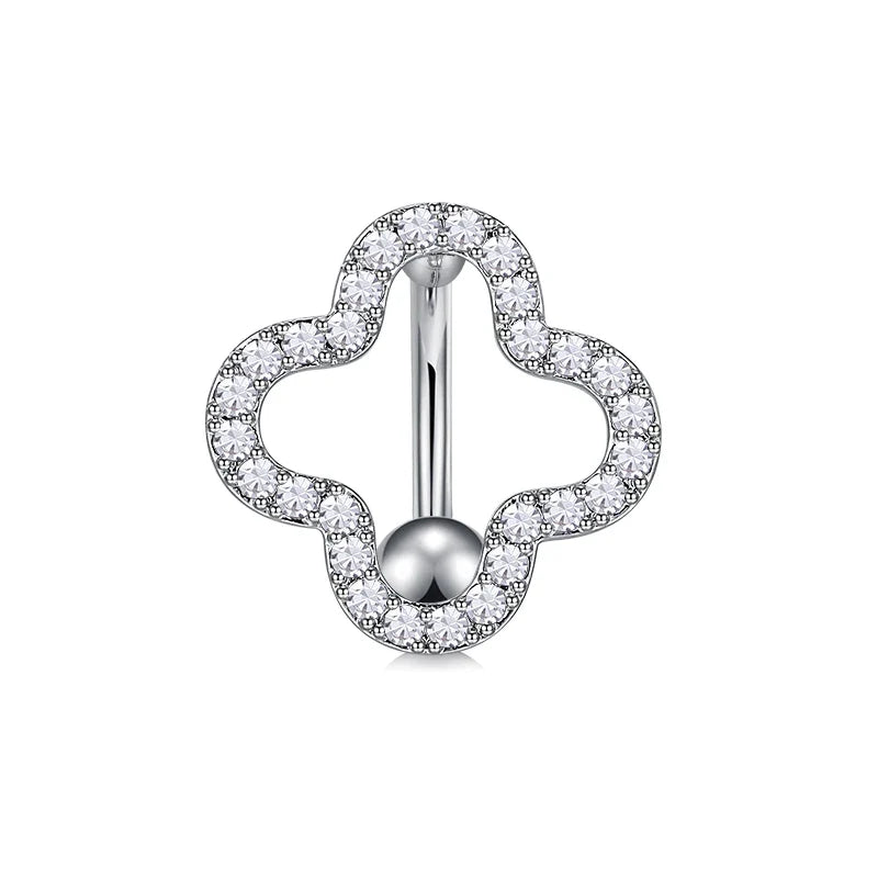 Trendy Women’s Belly Button Ring – Stainless Steel Dangle Navel Piercing with Crystal Flower Punk Jewelry