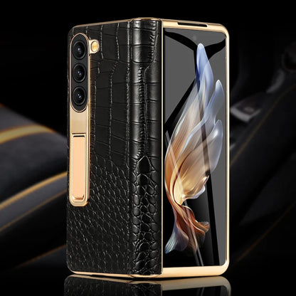 LANGSIDI Leather Case for Samsung Galaxy Z Fold 6/5/4/3 – Gold Plated Magnetic Hinge Cover with Mirror Film & Stand