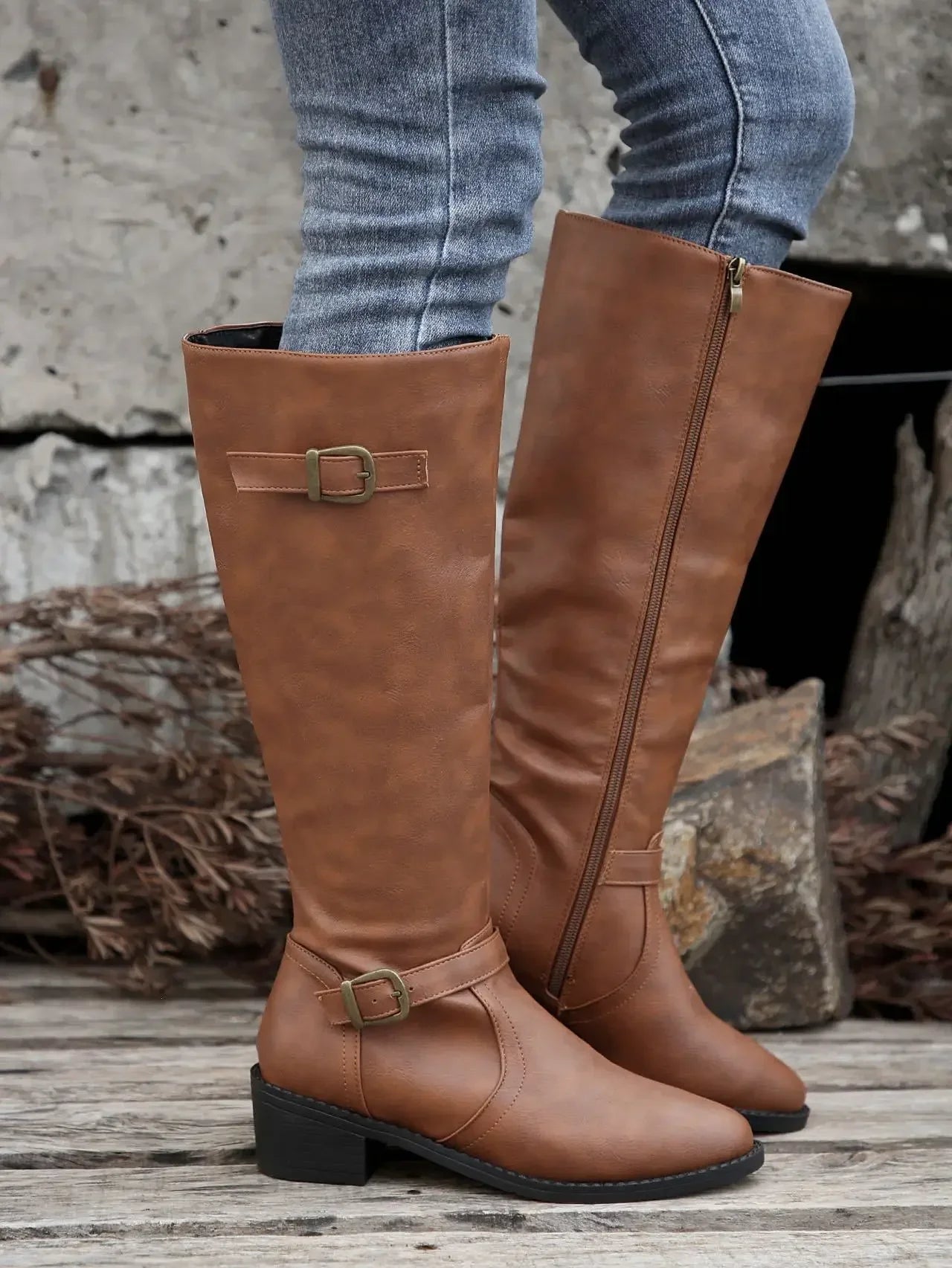Women’s Winter High-Top Knight Boots – Side Zipper & Belt Buckle, Pointed Toe, PU Material with Cotton Lining
