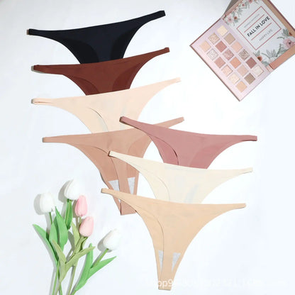 Ice Silk Seamless Thong Panties for Women – Soft Satin Bikini Underwear, Thin Band Tangas Mujer