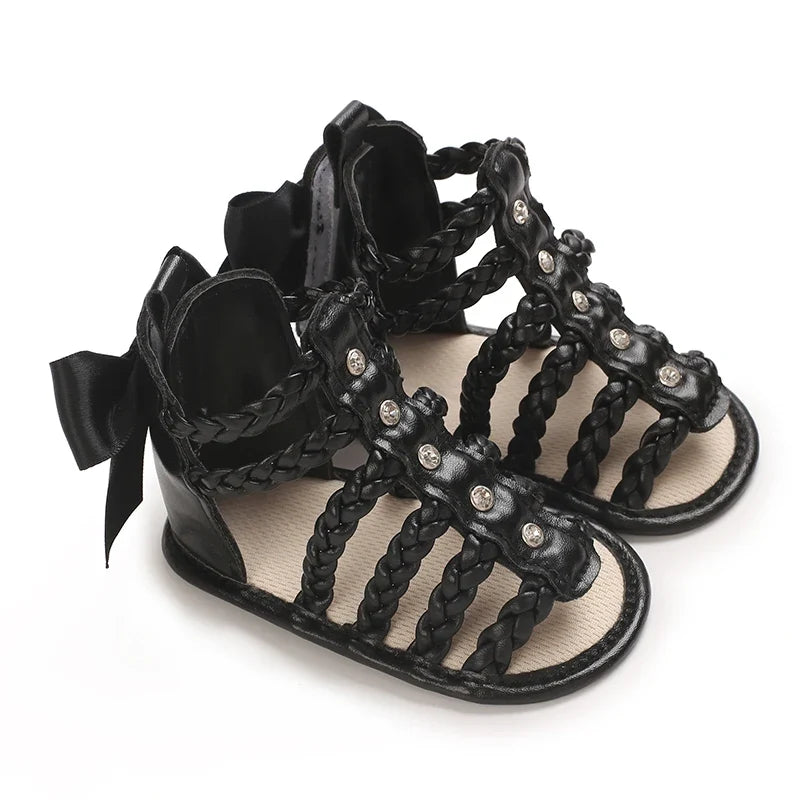 Baby Girl Bowknot Sandals - PU Leather Braided Non-Slip Summer Flats for Toddlers