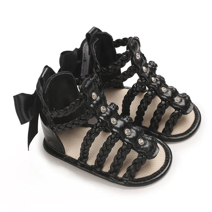Baby Girl Bowknot Sandals - PU Leather Braided Non-Slip Summer Flats for Toddlers